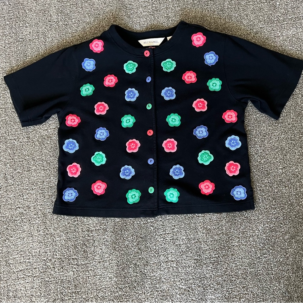 Vintage Bechamel Embroidered Floral Button Top Womens Size Small Short Sleeve